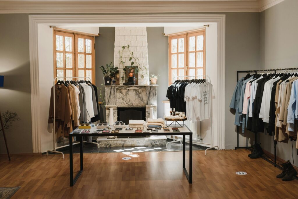 Chic boutique interior showcasing a stylish collection of clothing on racks and elegant display arrangement.